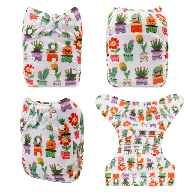 ALVABABY One Size Positioning Printed Cloth Diaper -Cactus and flower (YDP96A)
