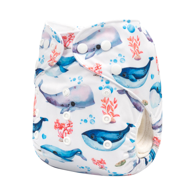 ALVABABY One Size Positioning Printed Cloth Diaper -Whales(YDP61A)