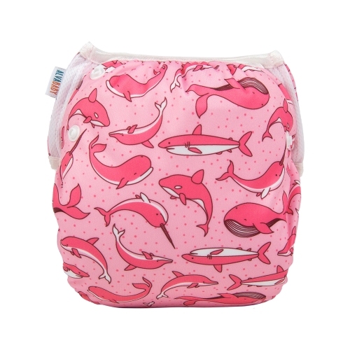ALVABABY One Size Printed Swim Diaper -Cute pink dolphin(YK48A)