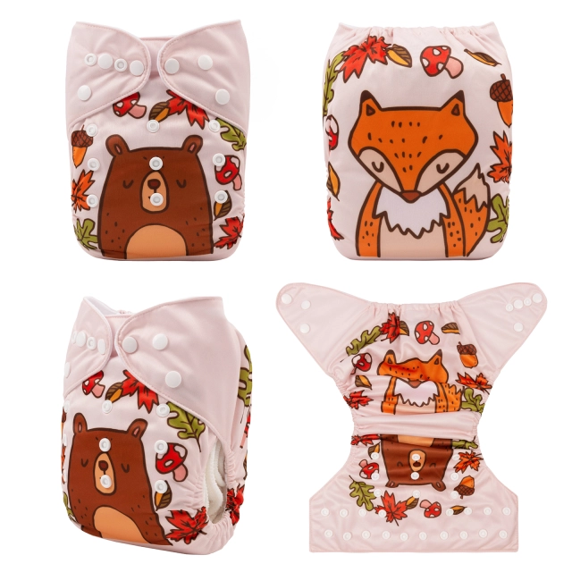 ALVABABY One Size Positioning Printed Cloth Diaper -Fox and bear (YDP97A)