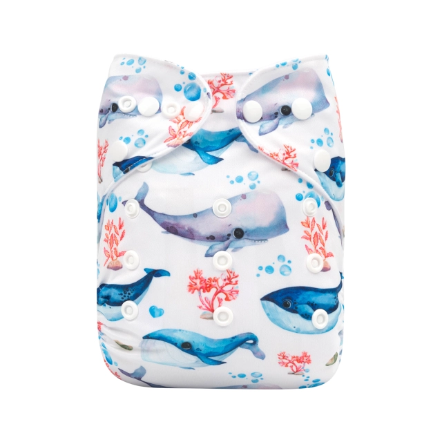 ALVABABY One Size Positioning Printed Cloth Diaper -Whales(YDP61A)