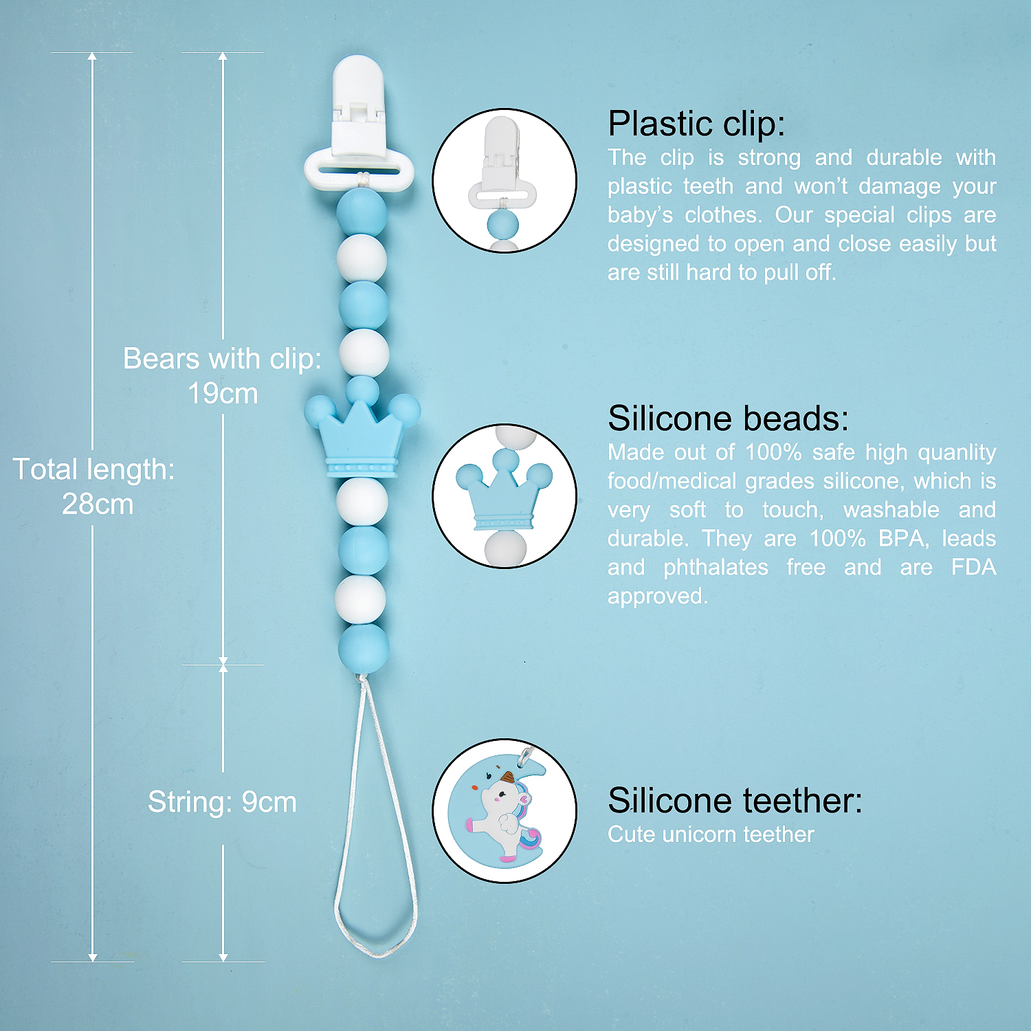 ALVABABY Silicone Pacifier Clip with Unicorn Teether, Teething Toy or Soothie, Baby Shower Gift (SPWZ03)