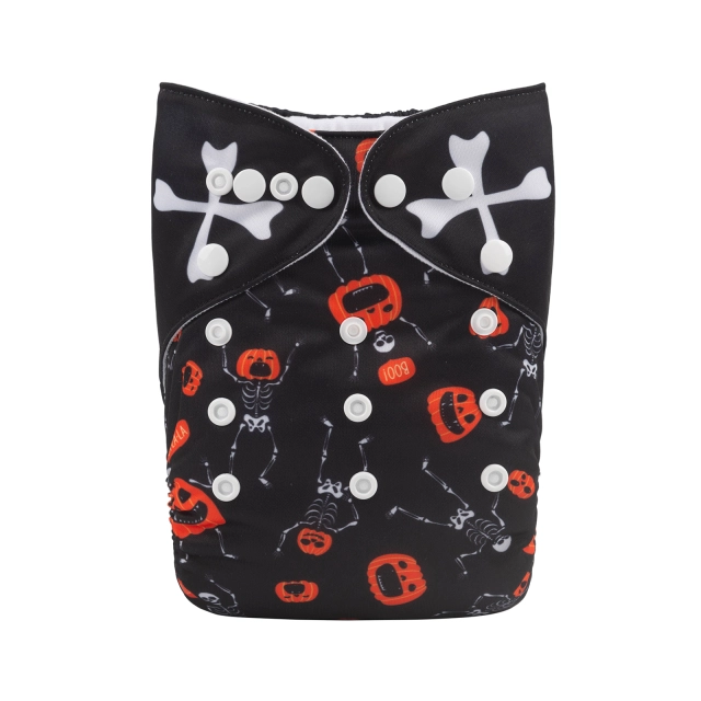 ALVABABY Halloween One Size Positioning Printed Cloth Diaper -Skeleton and pumpkin(QD60A)