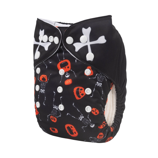 ALVABABY Halloween One Size Positioning Printed Cloth Diaper -Skeleton and pumpkin(QD60A)