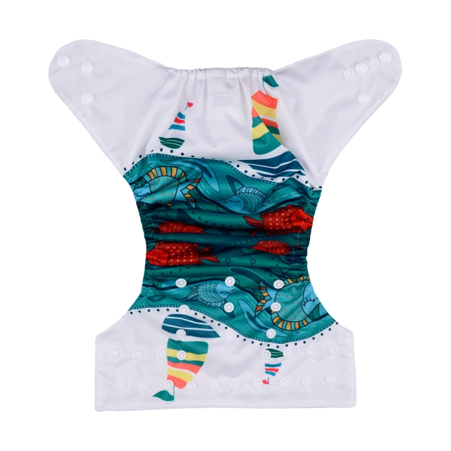 ALVABABY One Size Positioning Printed Cloth Diaper -Fish and boat (YD75A)