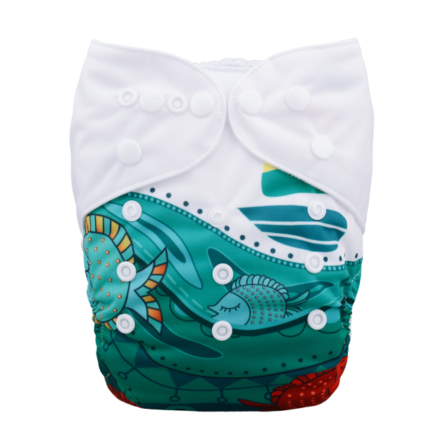 ALVABABY One Size Positioning Printed Cloth Diaper -Fish and boat (YD75A)