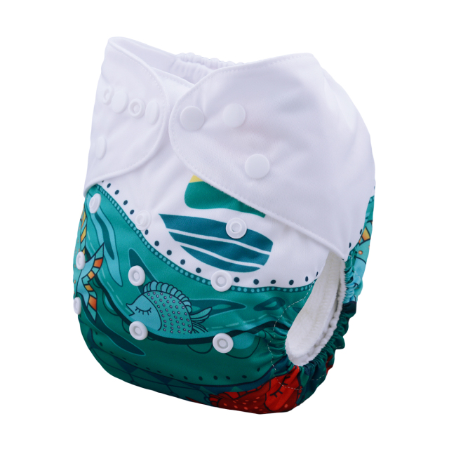 ALVABABY One Size Positioning Printed Cloth Diaper -Fish and boat (YD75A)