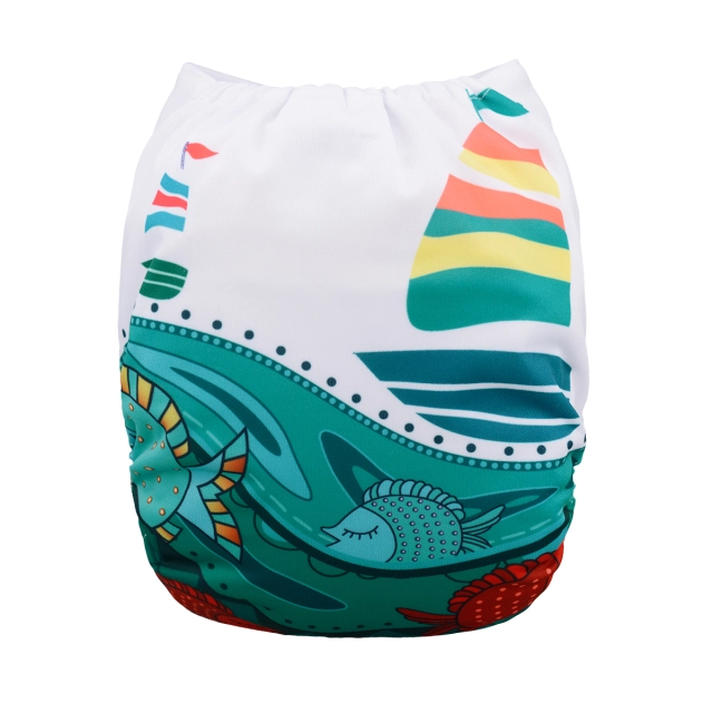 ALVABABY One Size Positioning Printed Cloth Diaper -Fish and boat (YD75A)
