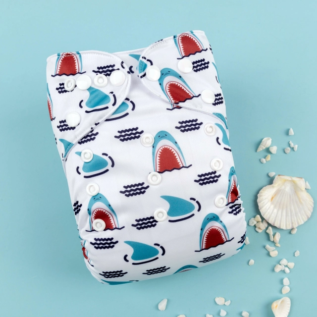 ALVABABY One Size Positioning Printed Cloth Diaper -Shark(YDP121A)