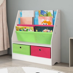 ALVABABY Children's Bookcase with Box, 3 Straps Children's Bookshelf, with Toy Storage Box Children's Colorful Storage Box White