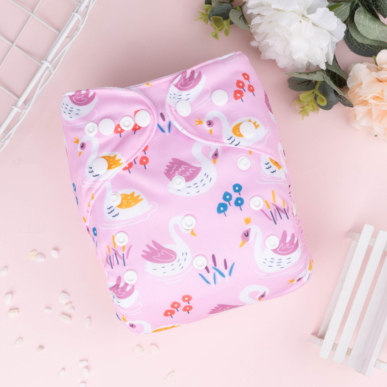 ALVABABY Positioning Cloth Diaper - One Size Adjustable Washable & Reusable Diaper for Babies and Toddlers (Swan, YDP182A)