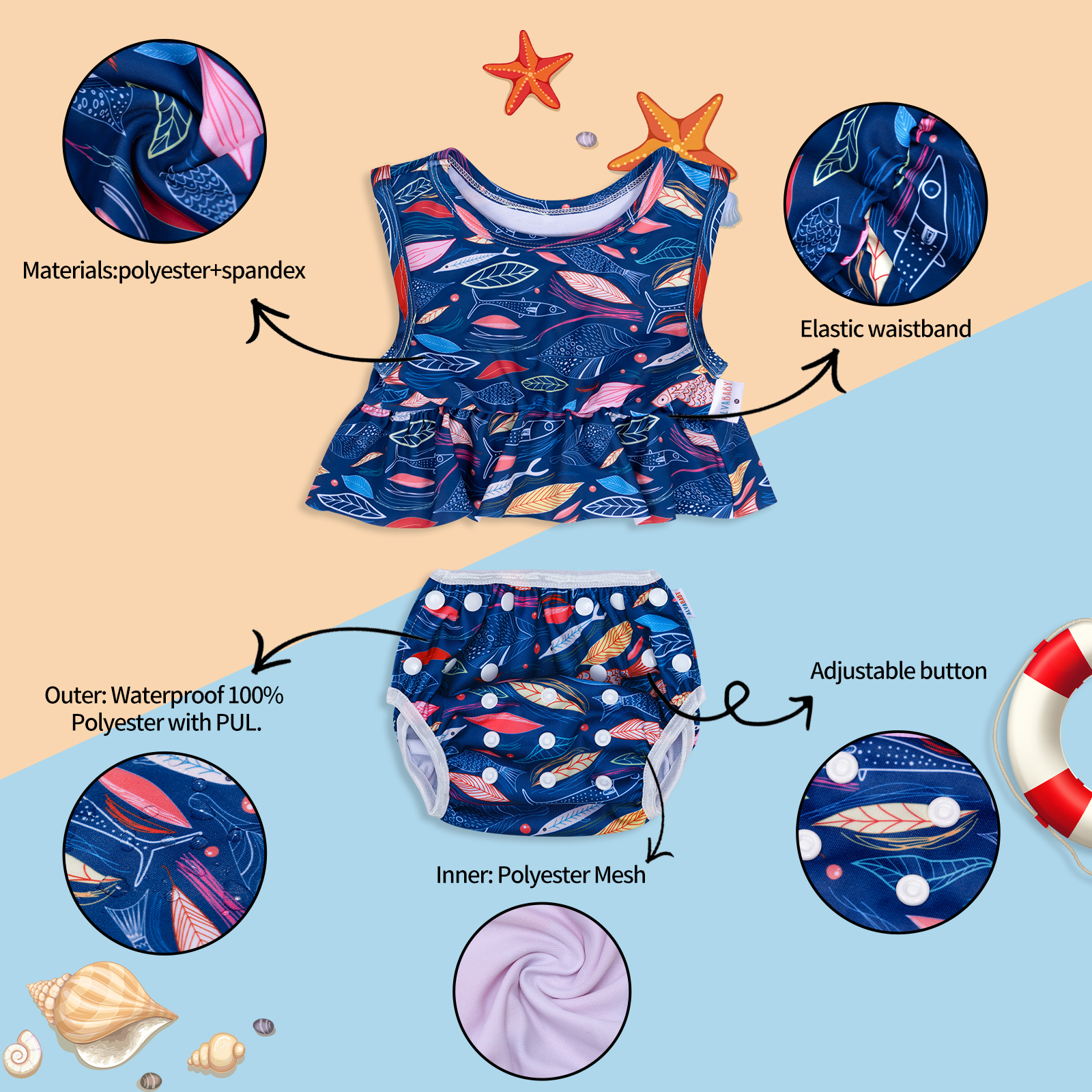 ALVABABY Toddler Baby Girl Summer Swim Suit, Infant Bathing Suit Swimwear Sleeveless,Tankini Swimwear (05)-Leaves and Fish