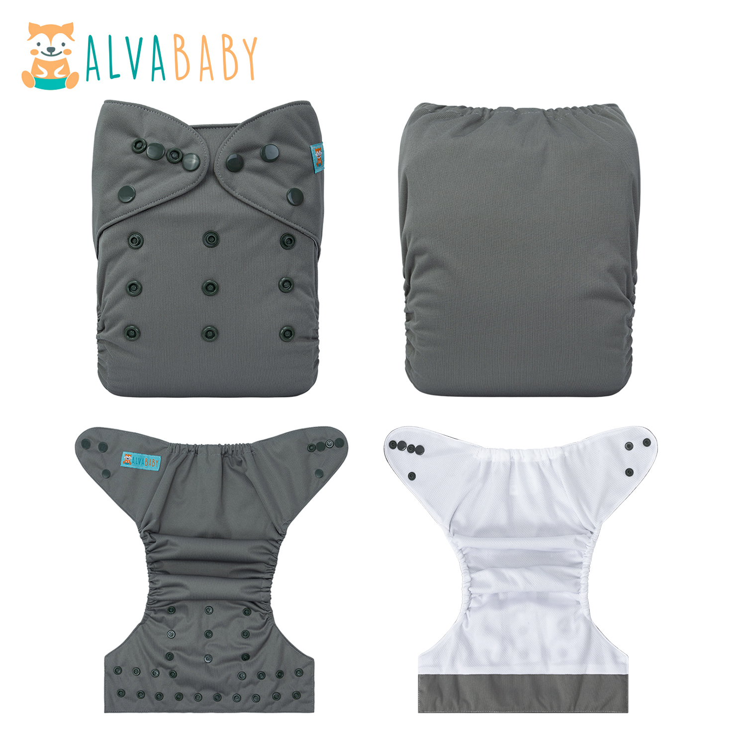 ALVABABY AWJ Lining Cloth Diaper with Tummy Panel for Babies -Grey (WJT-B29A)
