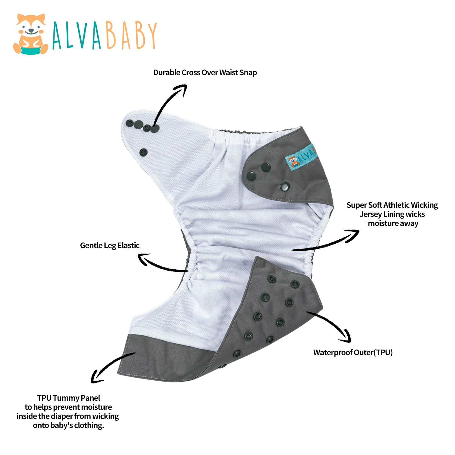 ALVABABY AWJ Lining Cloth Diaper with Tummy Panel for Babies -Grey (WJT-B29A)