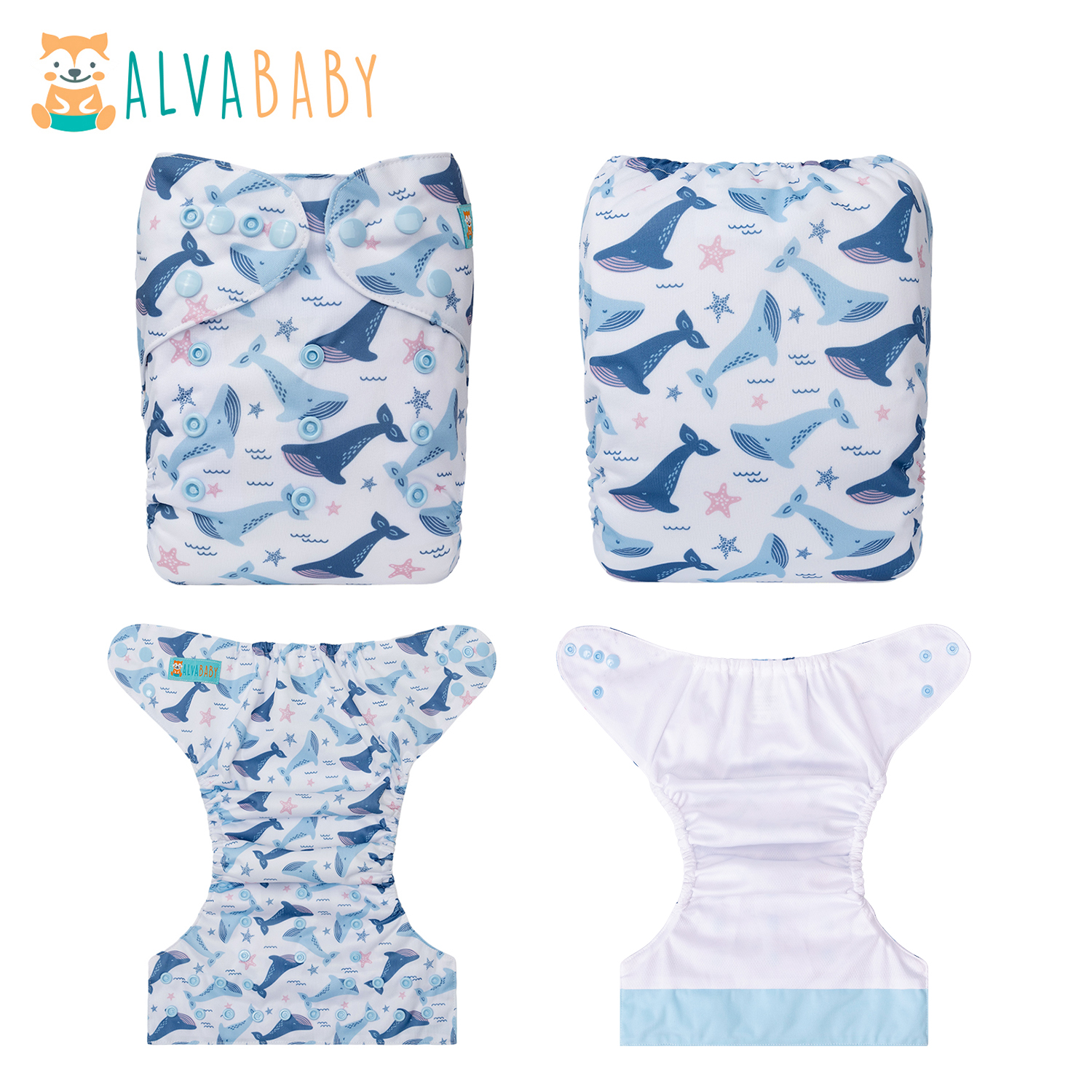 ALVABABY AWJ Lining Cloth Diaper with Tummy Panel for Babies - Shark(WJT-YDP181A)