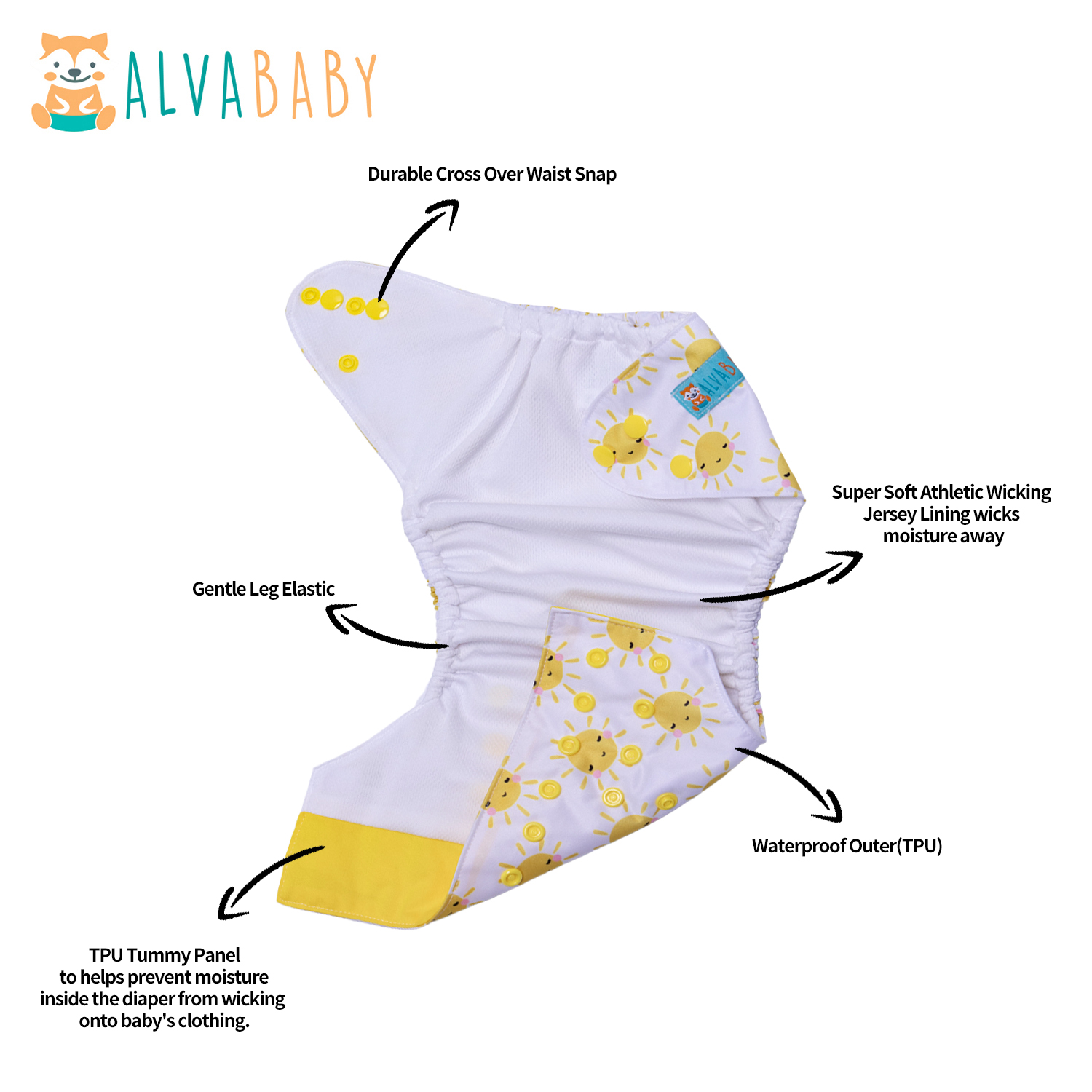 ALVABABY AWJ Lining Cloth Diaper with Tummy Panel for Babie- Sun(WJT-YDP113A)