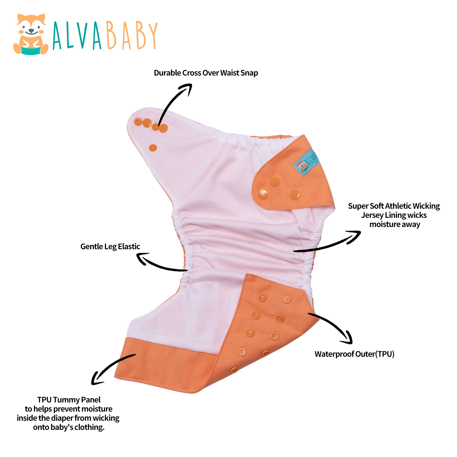 ALVABABY AWJ Lining Cloth Diaper with Tummy Panel for Babies - Orange(WJT-B17A)