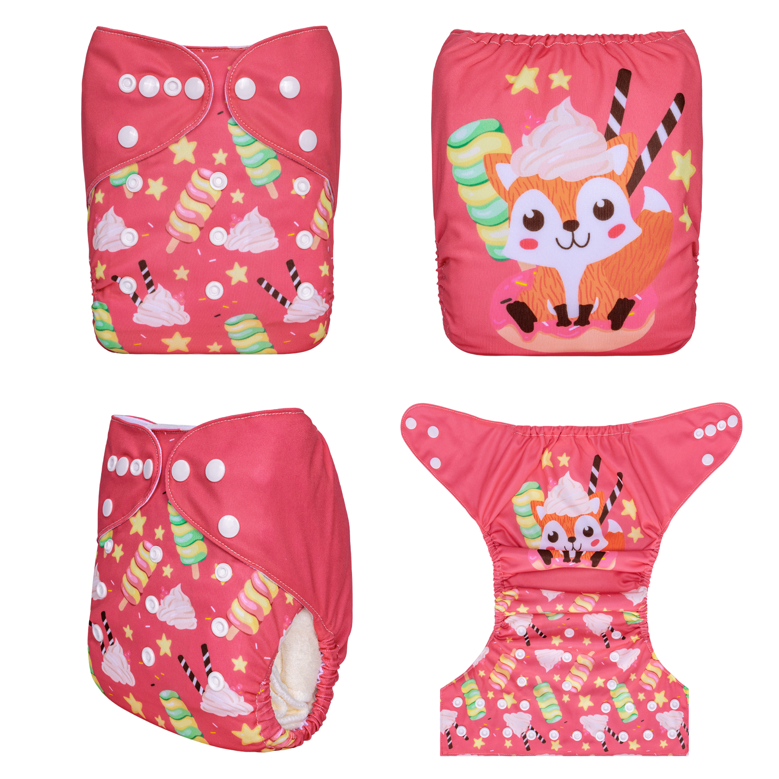 ALVABABY Positioning Cloth Diaper - One Size Adjustable Washable & Reusable Diaper for Babies and Toddlers (Pink Fox, YDP194A)