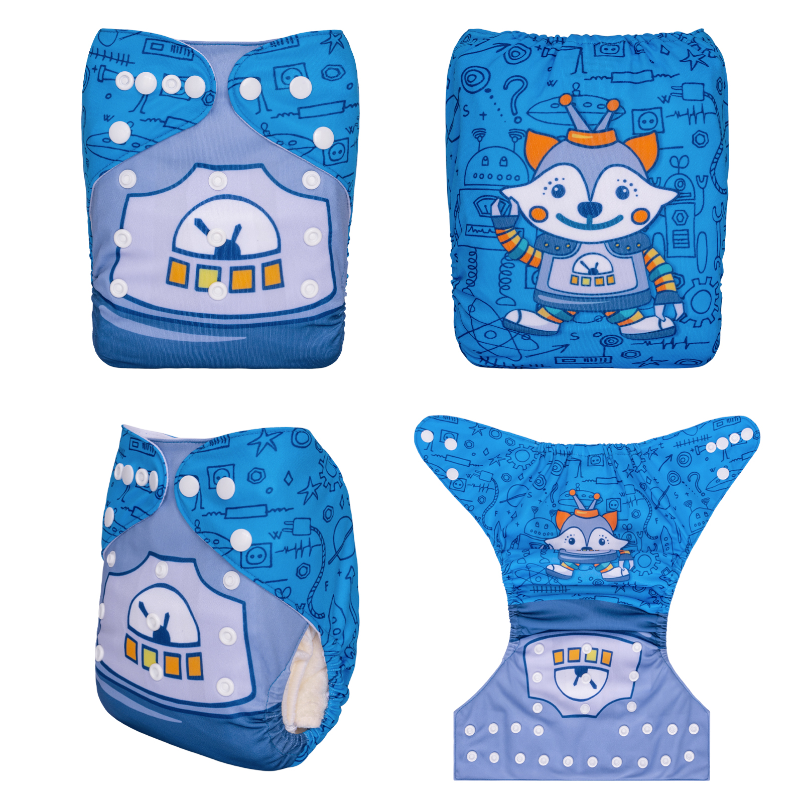 ALVABABY Positioning Cloth Diaper - One Size Adjustable Washable & Reusable Diaper for Babies and Toddlers (Fox Robot, YDP197A)