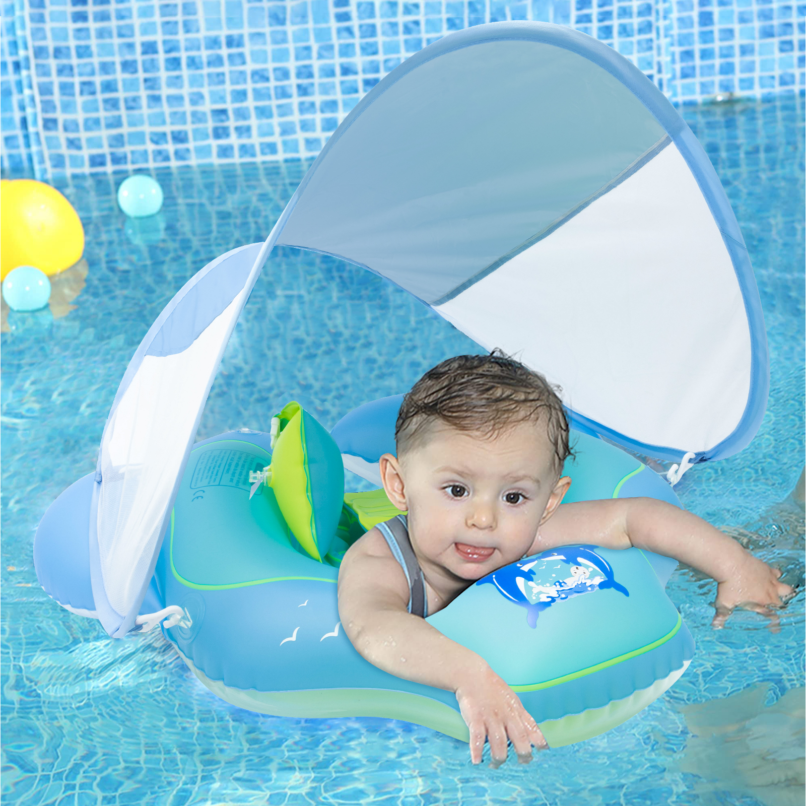 Facebook live Inflatable Baby Swimming Float with Sun Canopy Baby Pool Float Swim Ring SF01