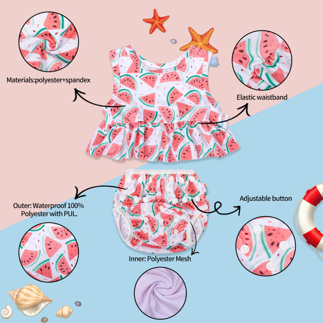 ALVABABY Toddler Baby Girl Summer Swim Suit, Infant Bathing Suit Swimwear Sleeveless,Tankini Swimwear (06)-Leaves and Fish
