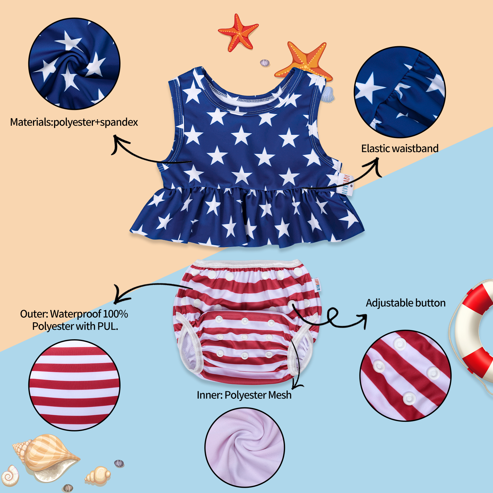 ALVABABY Toddler Baby Girl Summer Swim Suit, Infant Bathing Suit Swimwear Sleeveless,Tankini Swimwear (09)