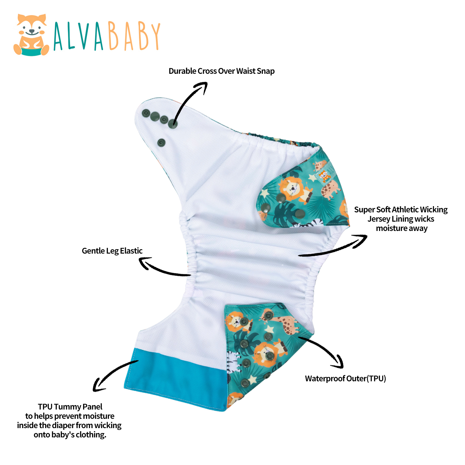 ALVABABY AWJ Lining Cloth Diaper with Tummy Panel for Babies -Lion(WJT-YDP195A)