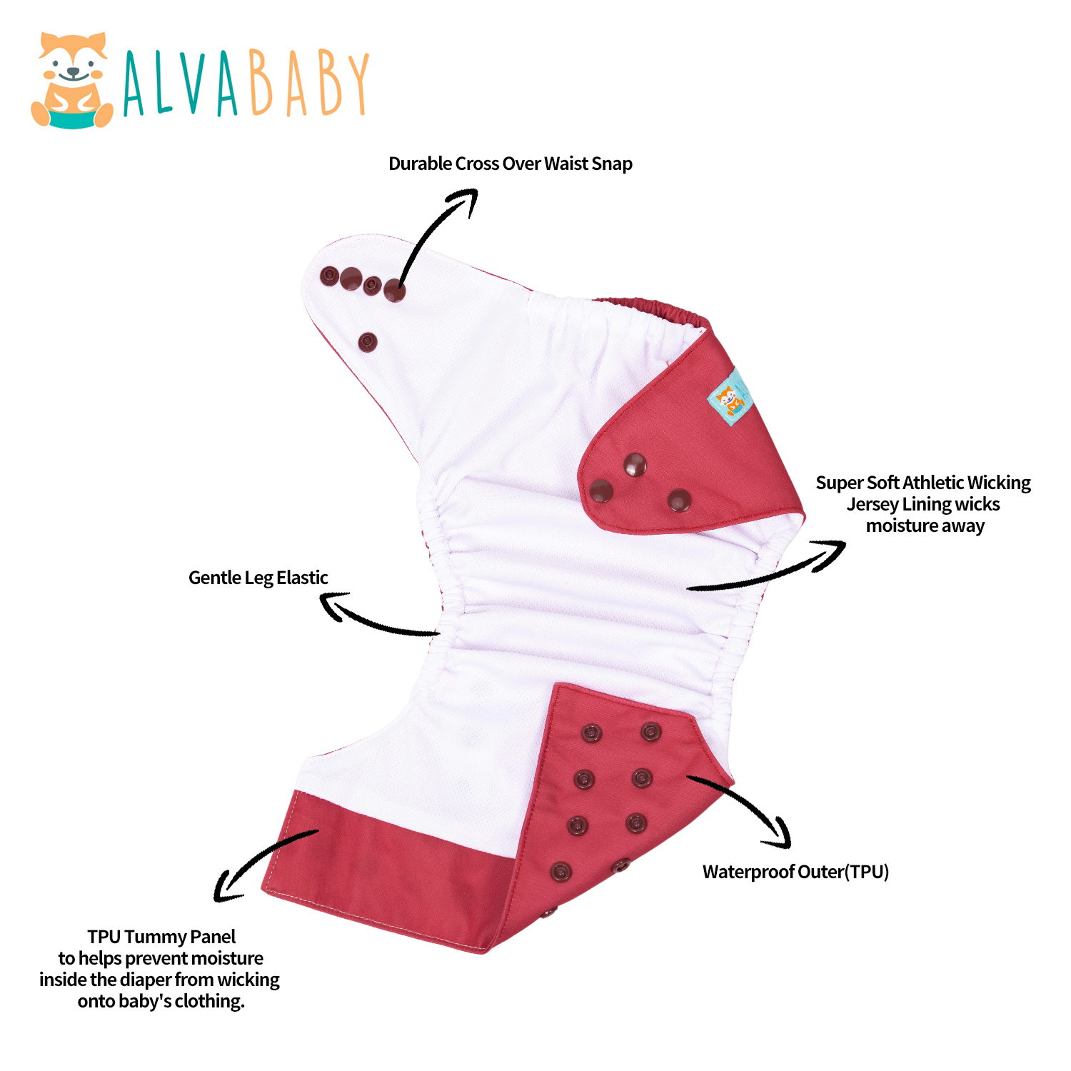 ALVABABY AWJ Lining Cloth Diaper with Tummy Panel for Babies -Red(WJT-B36A)