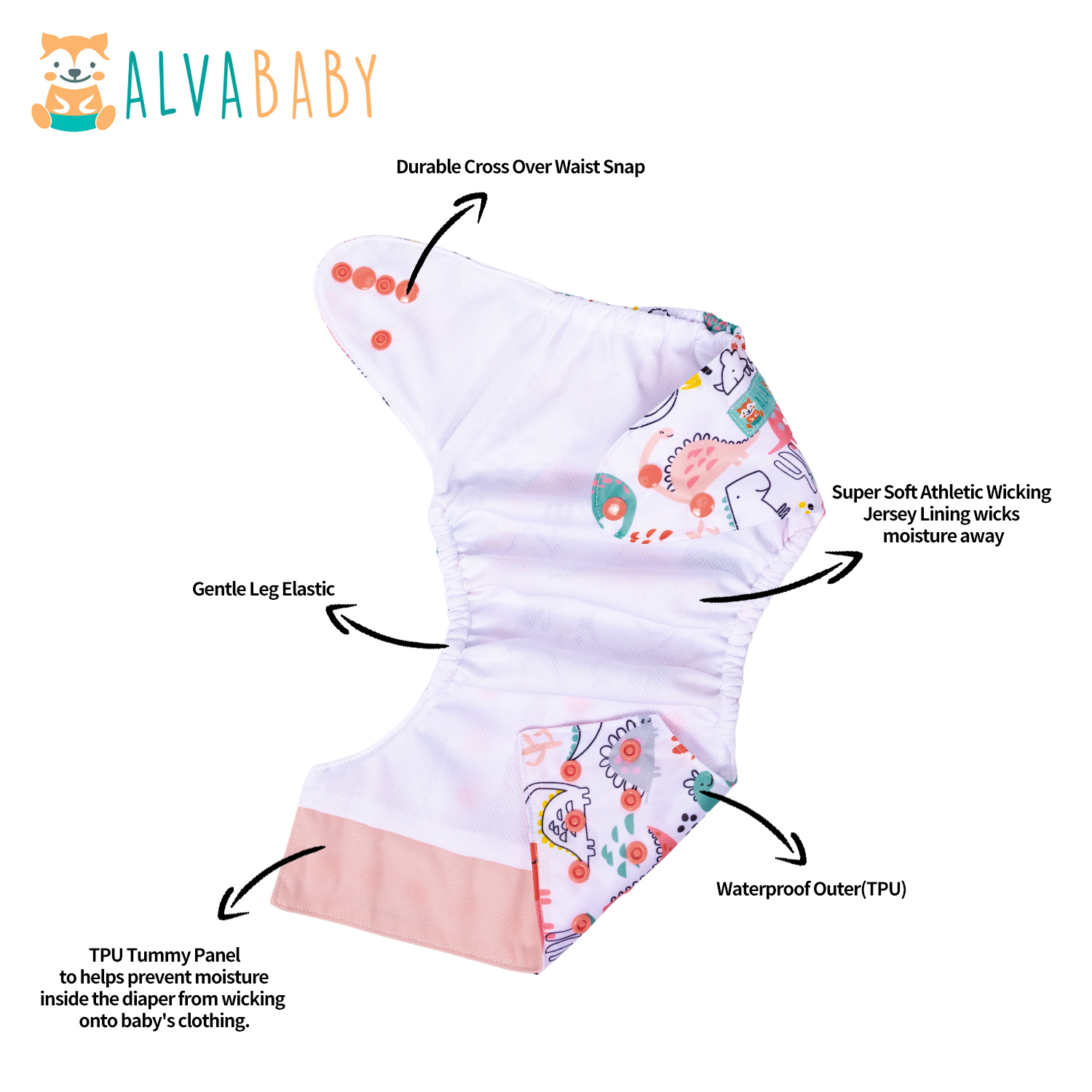 ALVABABY AWJ Lining Cloth Diaper with Tummy Panel for Babies -Dinosaur(WJT-YDP129A)