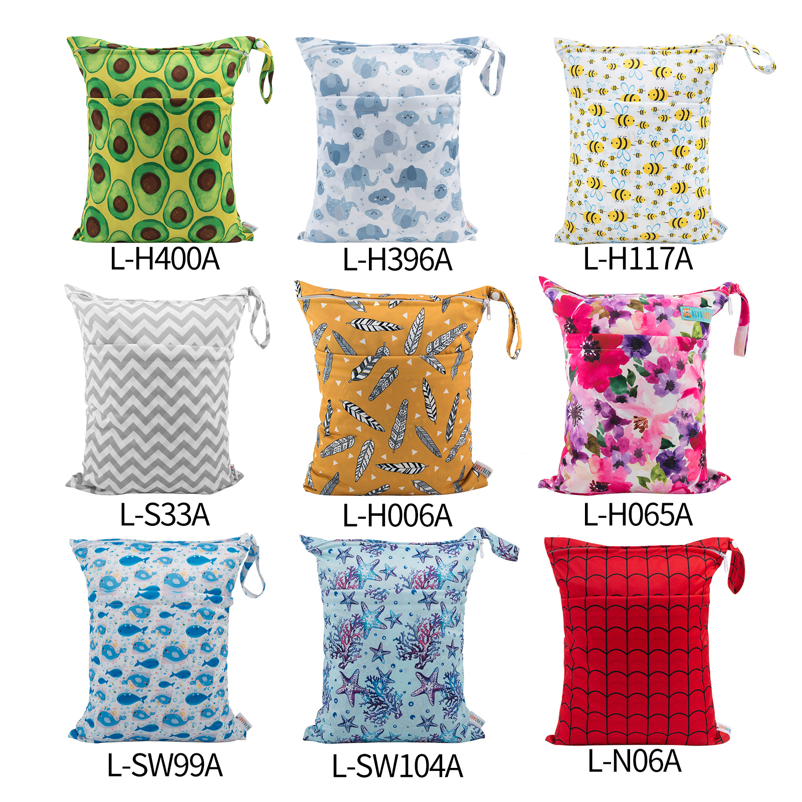 (Multi-Packs) ALVABABY Diaper Printed Wet Dry Bag with Two Zippered Pockets