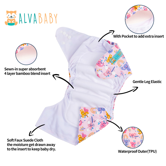 All In One Diaper with Pocket Sewn-in one 4-layer Bamboo blend insert -Cute Koala (AO-ED11A)