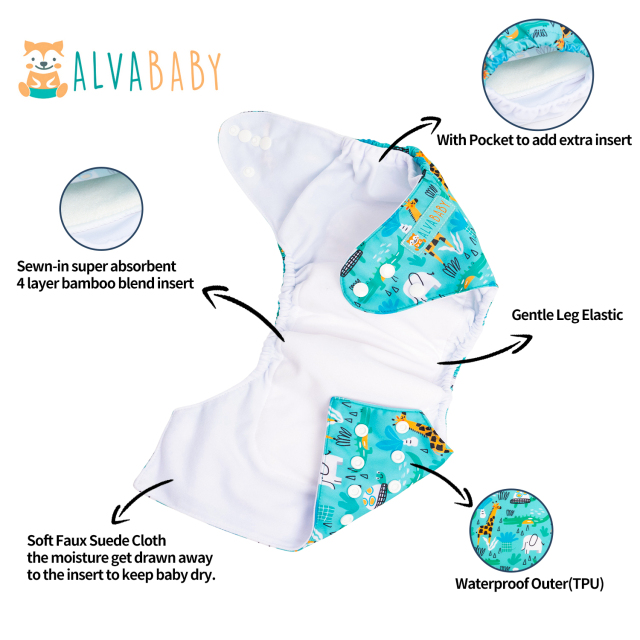 All In One Diaper with Pocket Sewn-in one 4-layer Bamboo blend insert-Giraffe  (AO-ED07A)