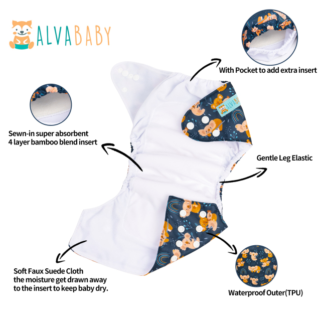 All In One Diaper with Pocket Sewn-in one 4-layer Bamboo blend insert-Koala  (AO-ED12A)