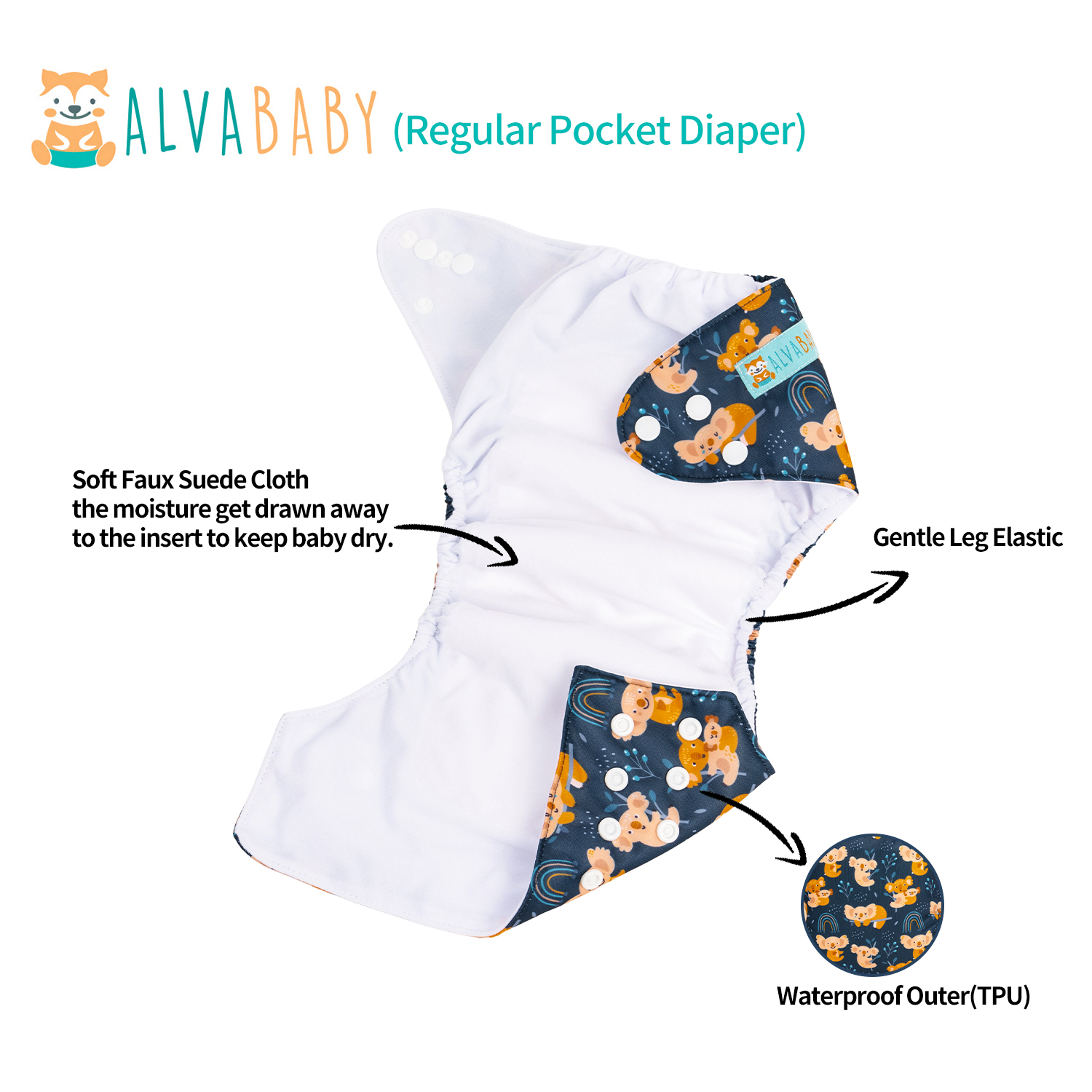 ALVABABY Positioning Cloth Diaper - One Size Adjustable Washable & Reusable Diaper for Babies and Toddlers (Koala, ED12A)