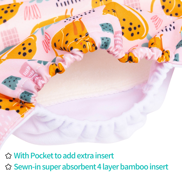 All In One Diaper with Pocket Sewn-in one 4-layer Bamboo blend insert -Cheetah (AO-ED10A)