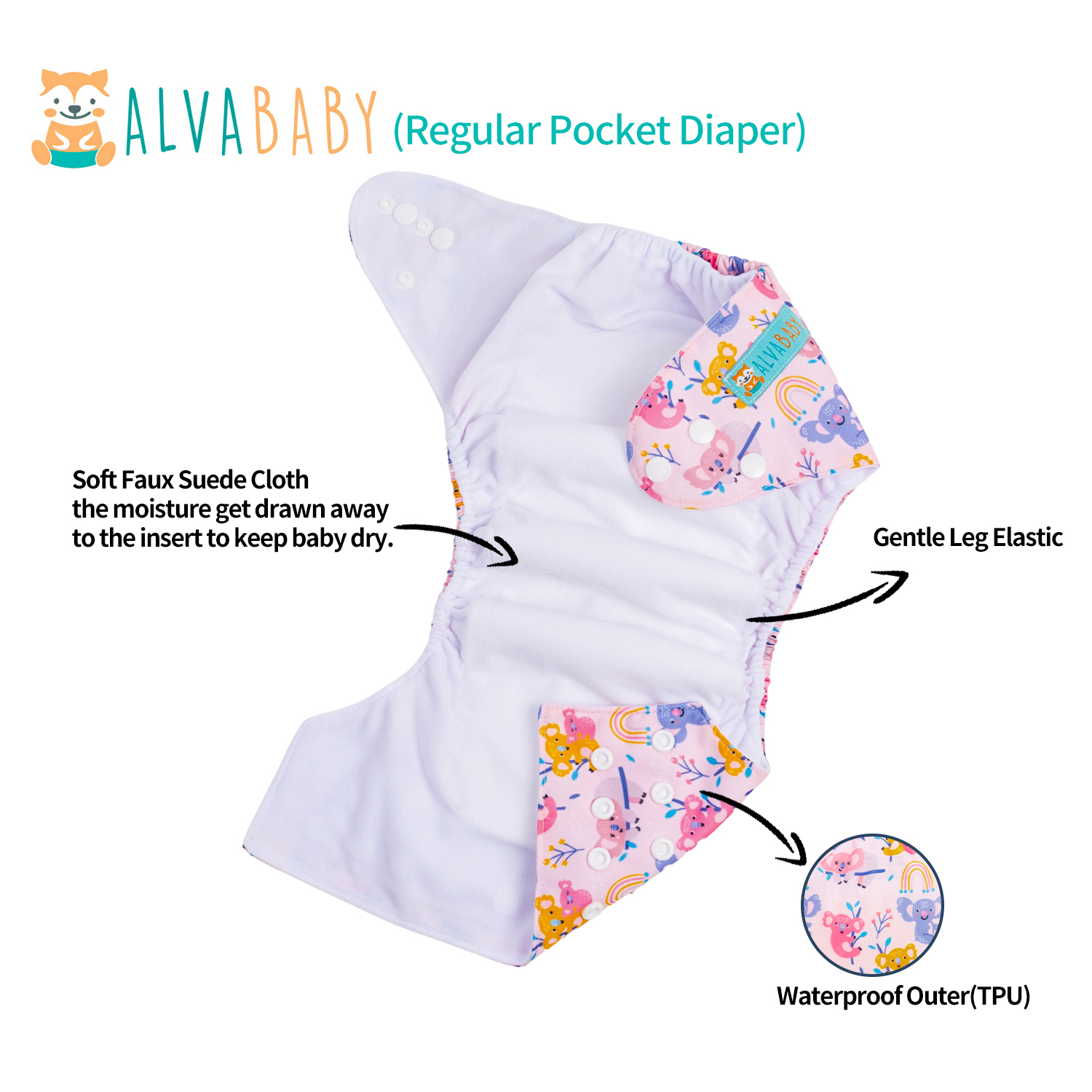 ALVABABY One Size Positioning Printed Cloth Diaper-Cute Koala(ED11A)