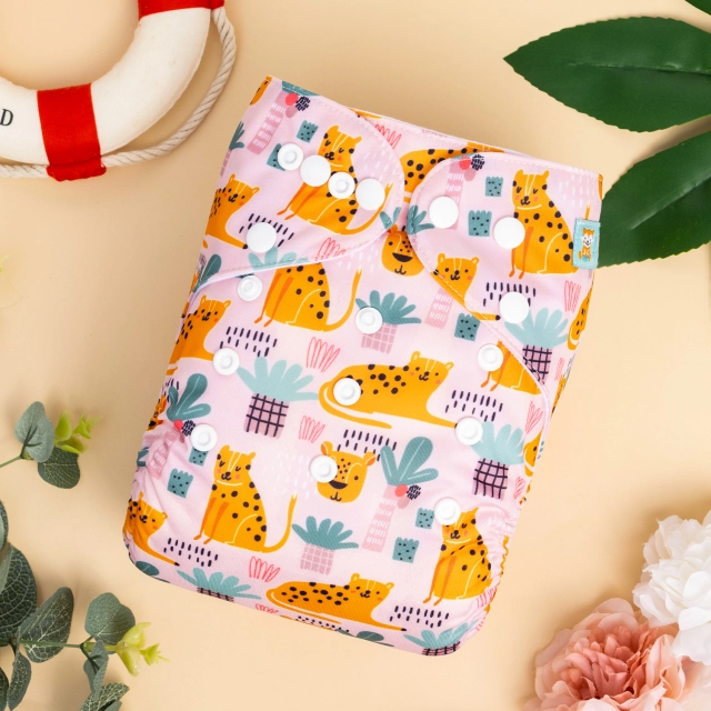 All In One Diaper with Pocket Sewn-in one 4-layer Bamboo blend insert -Cheetah (AO-ED10A)