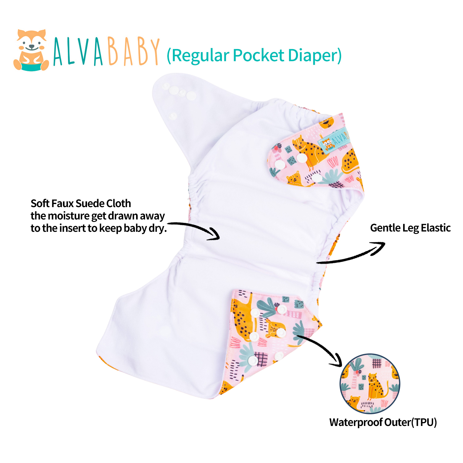 ALVABABY Positioning Cloth Diaper - One Size Adjustable Washable & Reusable Diaper for Babies and Toddlers (Cheetah, ED10A)