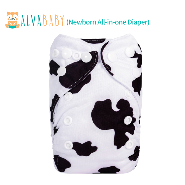 Newborn all In One Diaper with Pocket Sewn-in one Newborn 4-layer Bamboo blend insert-Cow (SAO-A10A)
