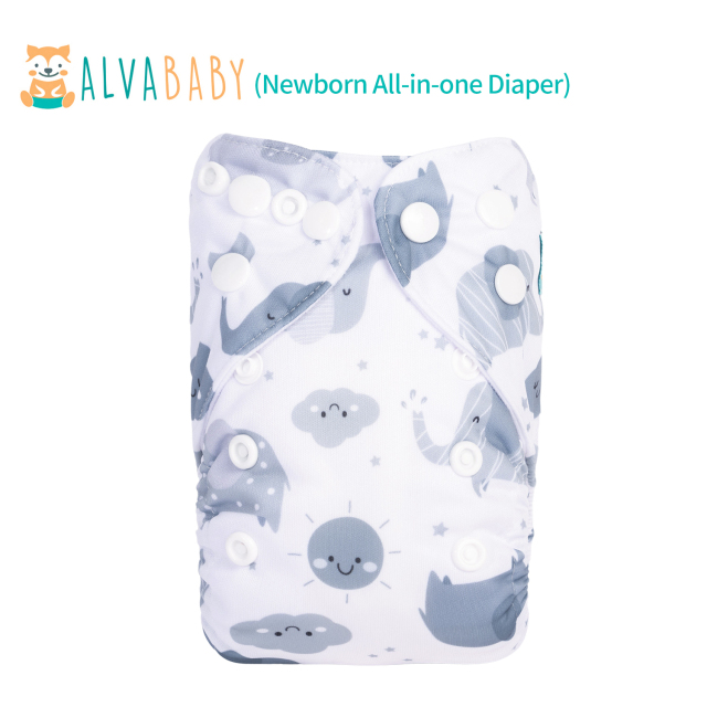 Newborn all In One Diaper with Pocket Sewn-in one Newborn 4-layer Bamboo blend insert-Elephant (SAO-H396A)