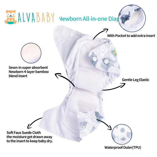 Newborn all In One Diaper with Pocket Sewn-in one Newborn 4-layer Bamboo blend insert-Elephant (SAO-H396A)