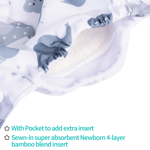 Newborn all In One Diaper with Pocket Sewn-in one Newborn 4-layer Bamboo blend insert-Elephant (SAO-H396A)