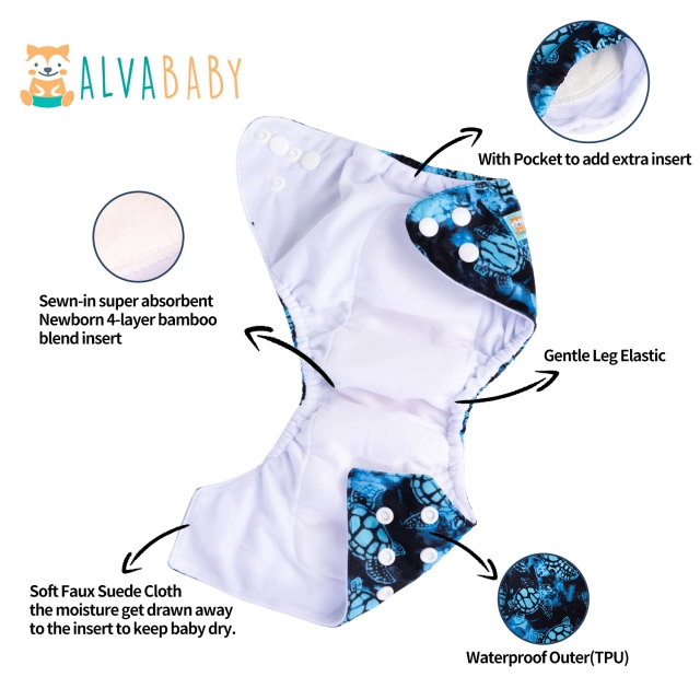 Newborn all In One Diaper with Pocket Sewn-in one Newborn 4-layer Bamboo blend insert-Turtle(SAO-H022A)