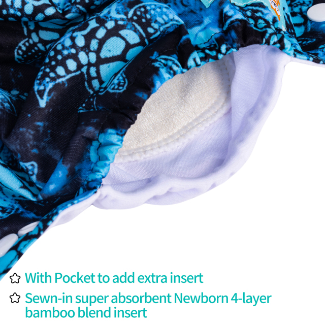 Newborn all In One Diaper with Pocket Sewn-in one Newborn 4-layer Bamboo blend insert-Turtle(SAO-H022A)