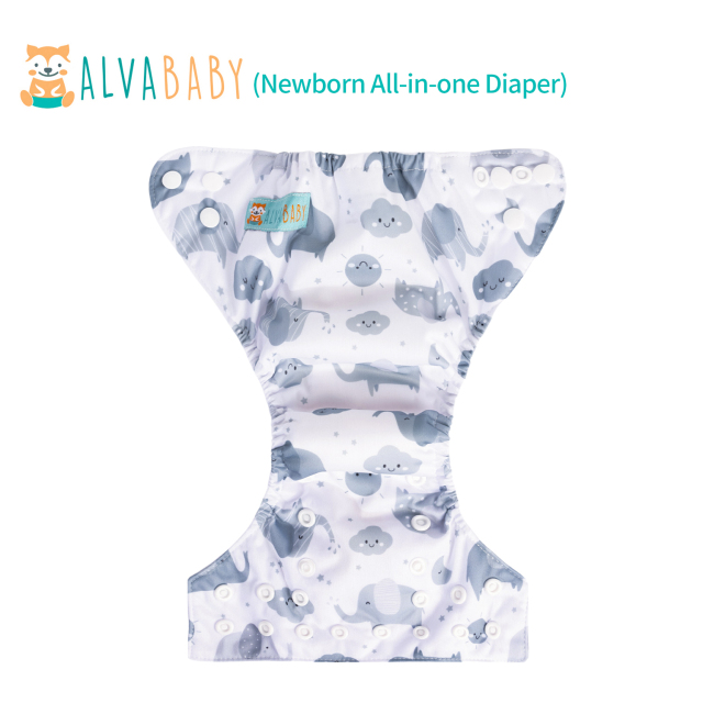 Newborn all In One Diaper with Pocket Sewn-in one Newborn 4-layer Bamboo blend insert-Elephant (SAO-H396A)