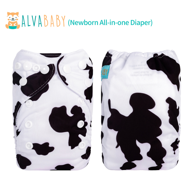 Newborn all In One Diaper with Pocket Sewn-in one Newborn 4-layer Bamboo blend insert-Cow (SAO-A10A)