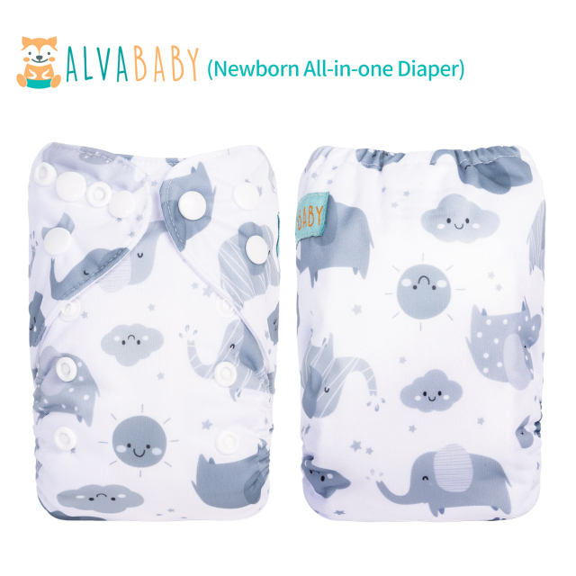 Newborn all In One Diaper with Pocket Sewn-in one Newborn 4-layer Bamboo blend insert-Elephant (SAO-H396A)