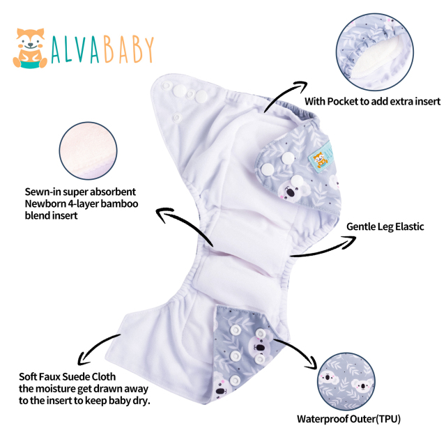 Newborn all In One Diaper with Pocket Sewn-in one Newborn 4-layer Bamboo blend insert-Koala(SAO-YX35A)