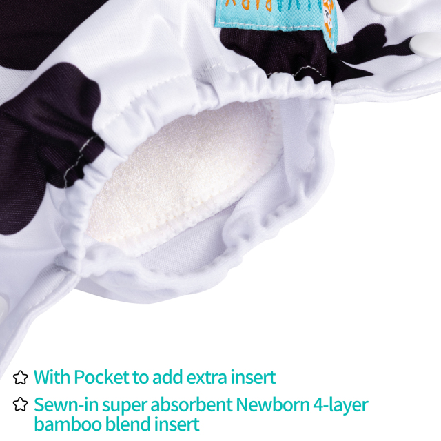 Newborn all In One Diaper with Pocket Sewn-in one Newborn 4-layer Bamboo blend insert-Cow (SAO-A10A)