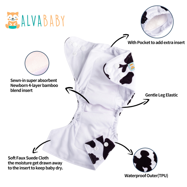 Newborn all In One Diaper with Pocket Sewn-in one Newborn 4-layer Bamboo blend insert-Cow (SAO-A10A)